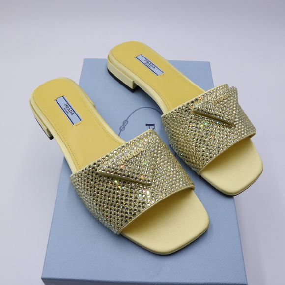 Prada 39 Yellow Crystal Strassed Ciabatte Logo Calzature Donna Flat Slides E716 - Picture 5 of 13